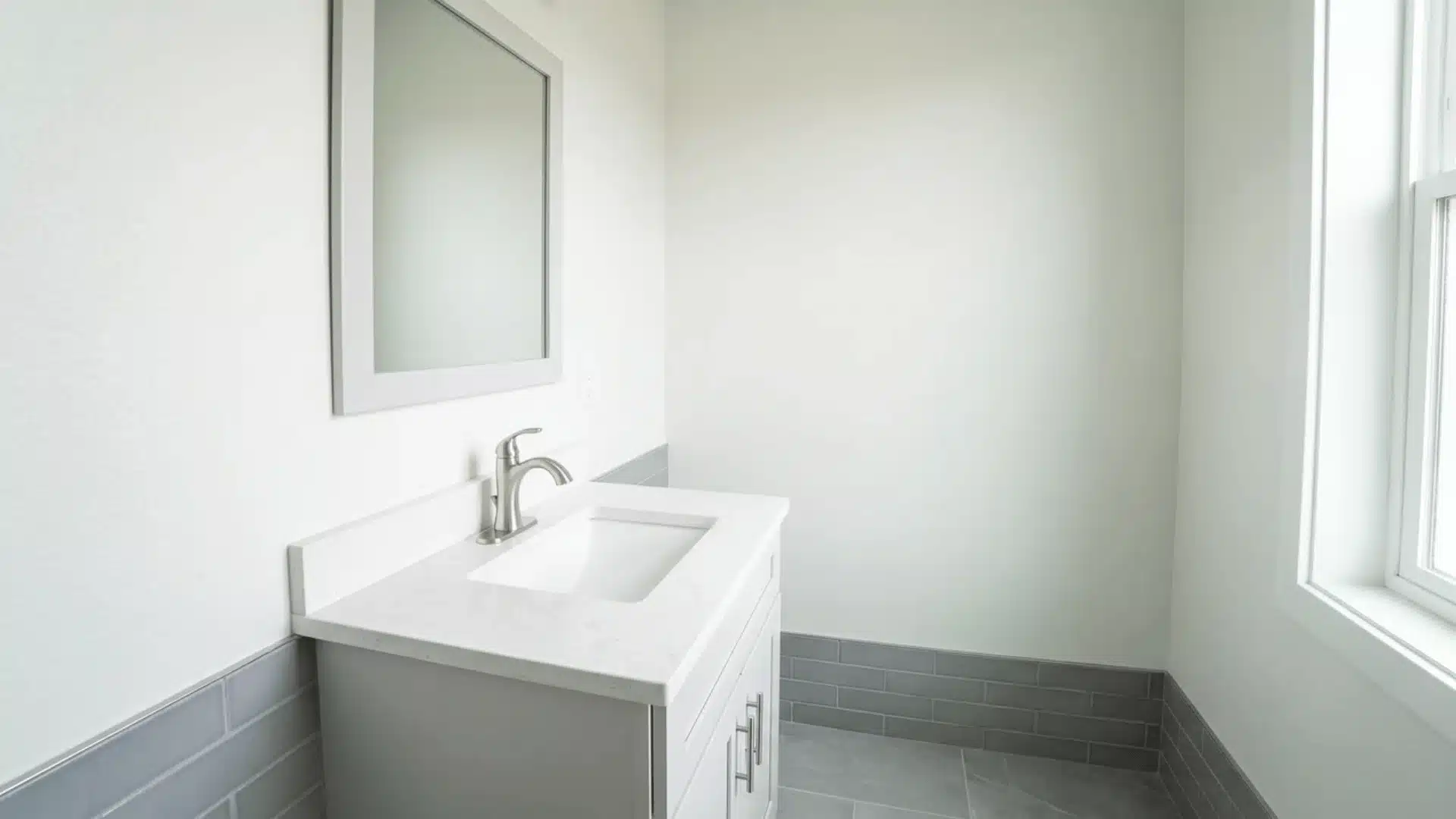 Small bathroom wall painted bright cool white with chrome fixtures and gray tile