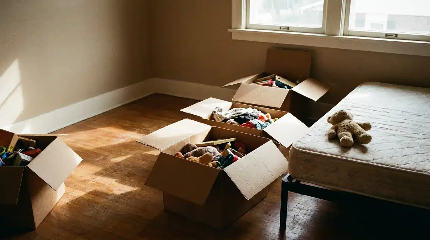 Cardboard boxes filled with various toys in a sunlit empty room with bare mattress