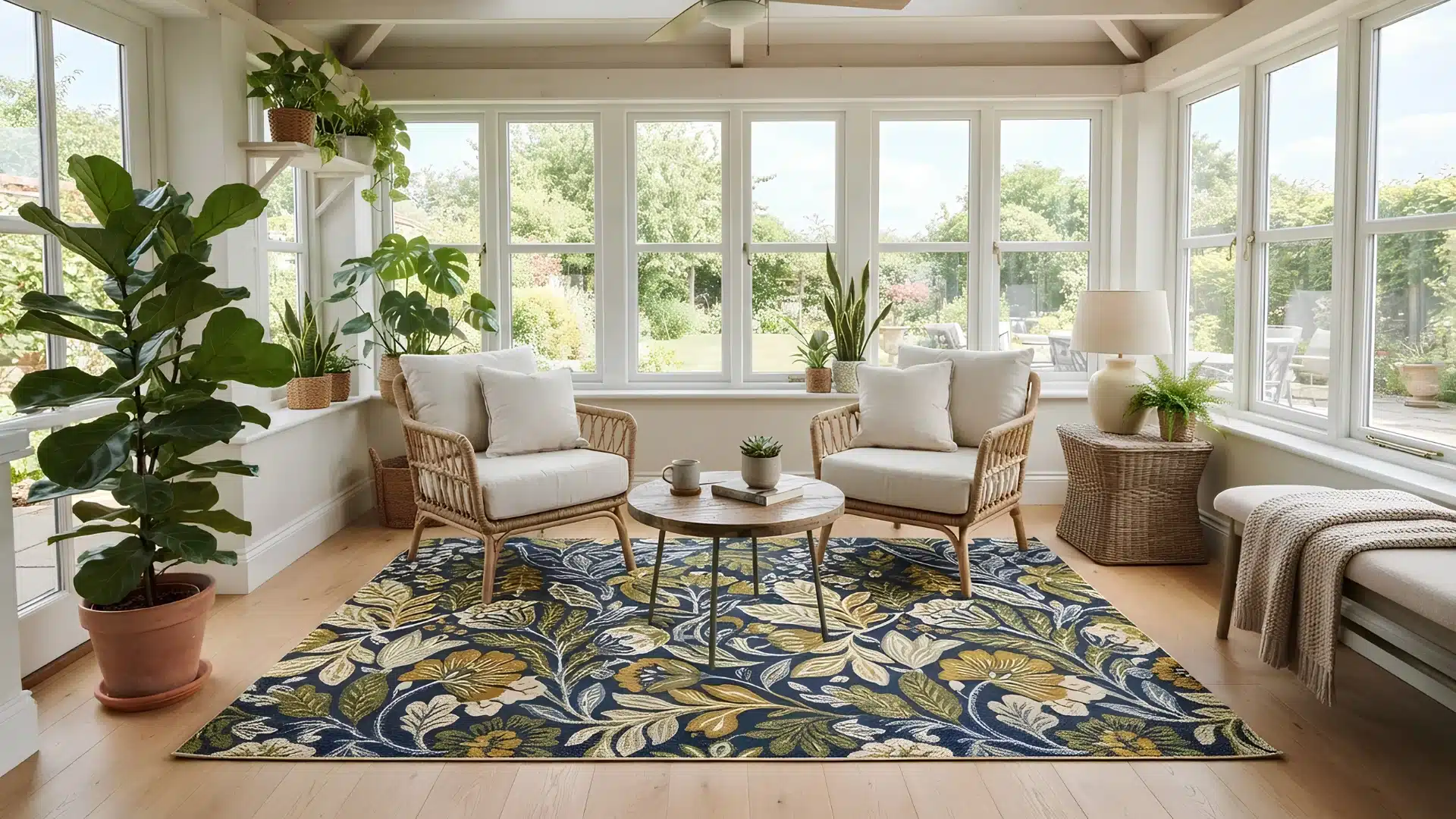 bold patterned rug anchoring a small sunroom seating area