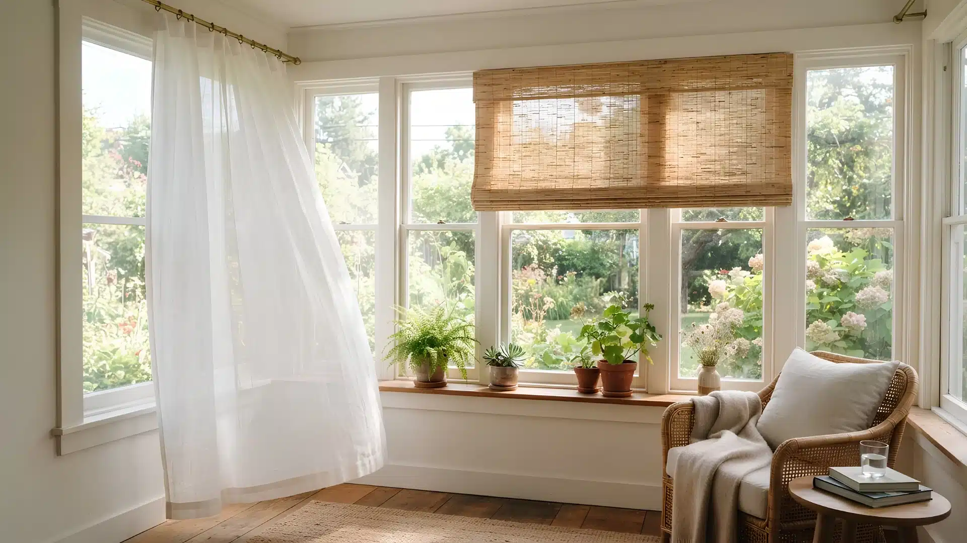 sheer curtains filtering light on a small sunroom window