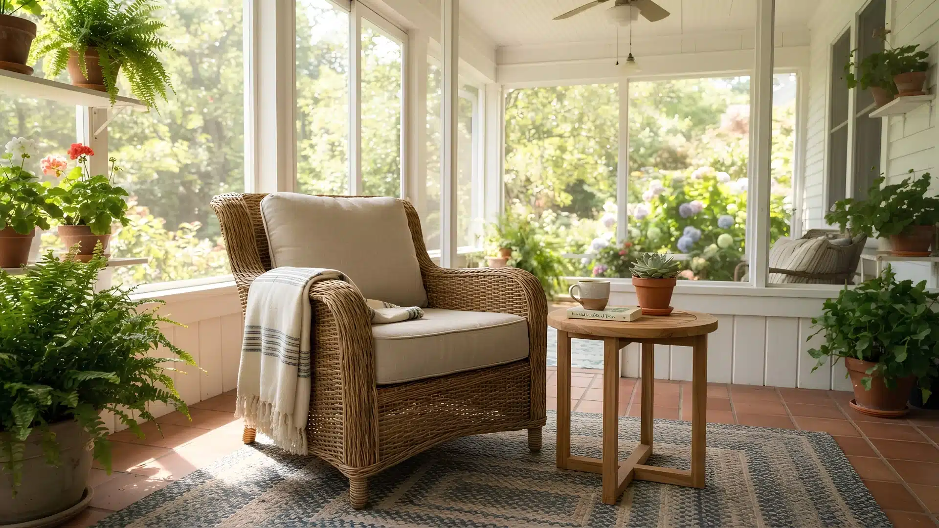 wicker chair and sealed wood table on a porch sunroom