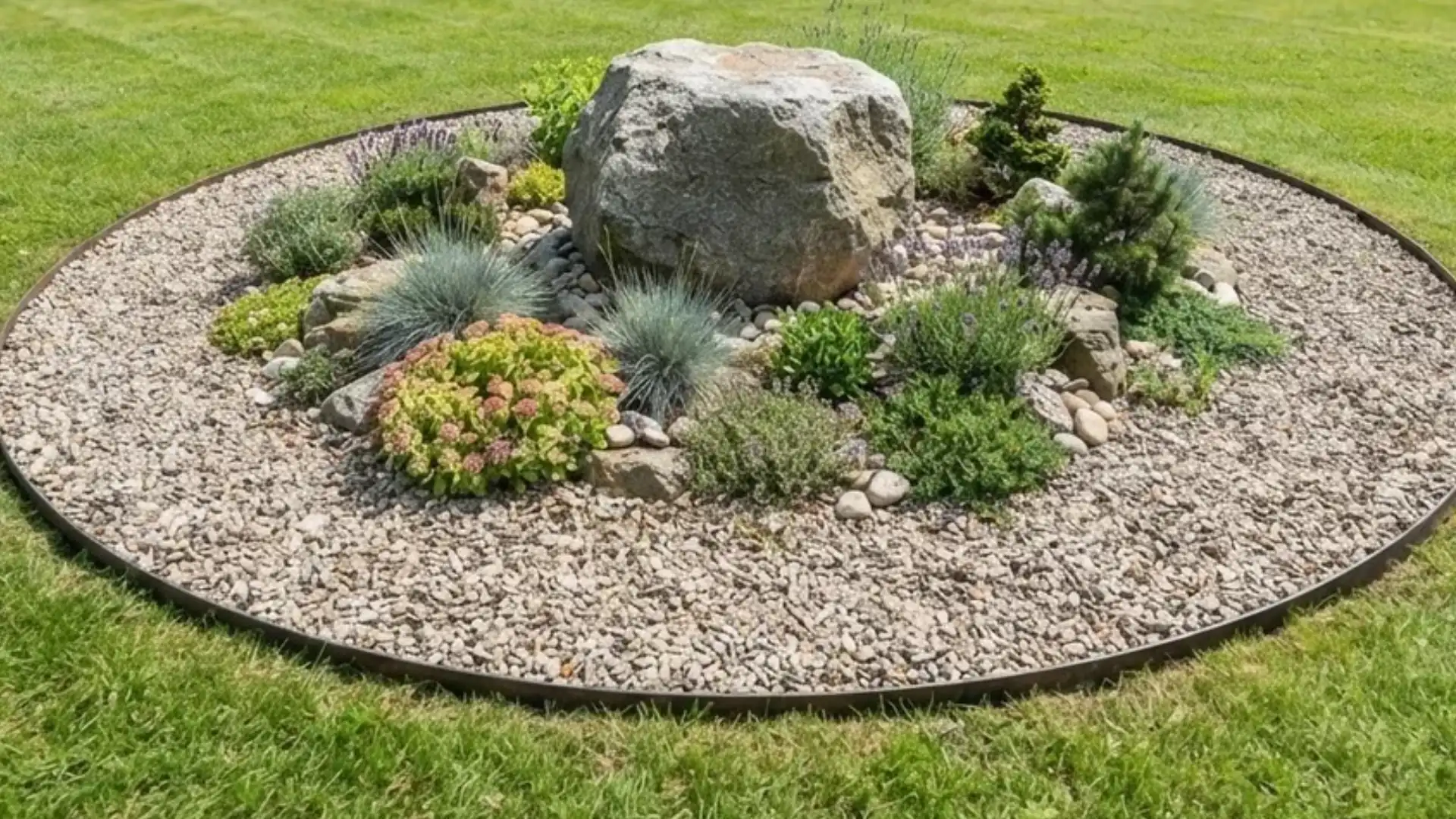 Circular rock garden island set into an open green lawn with gravel and a center boulder