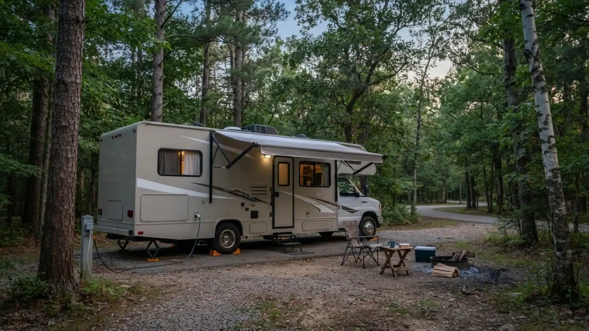 Class C motorhome parked in a wooded campsite with extended awning and campfire setup.