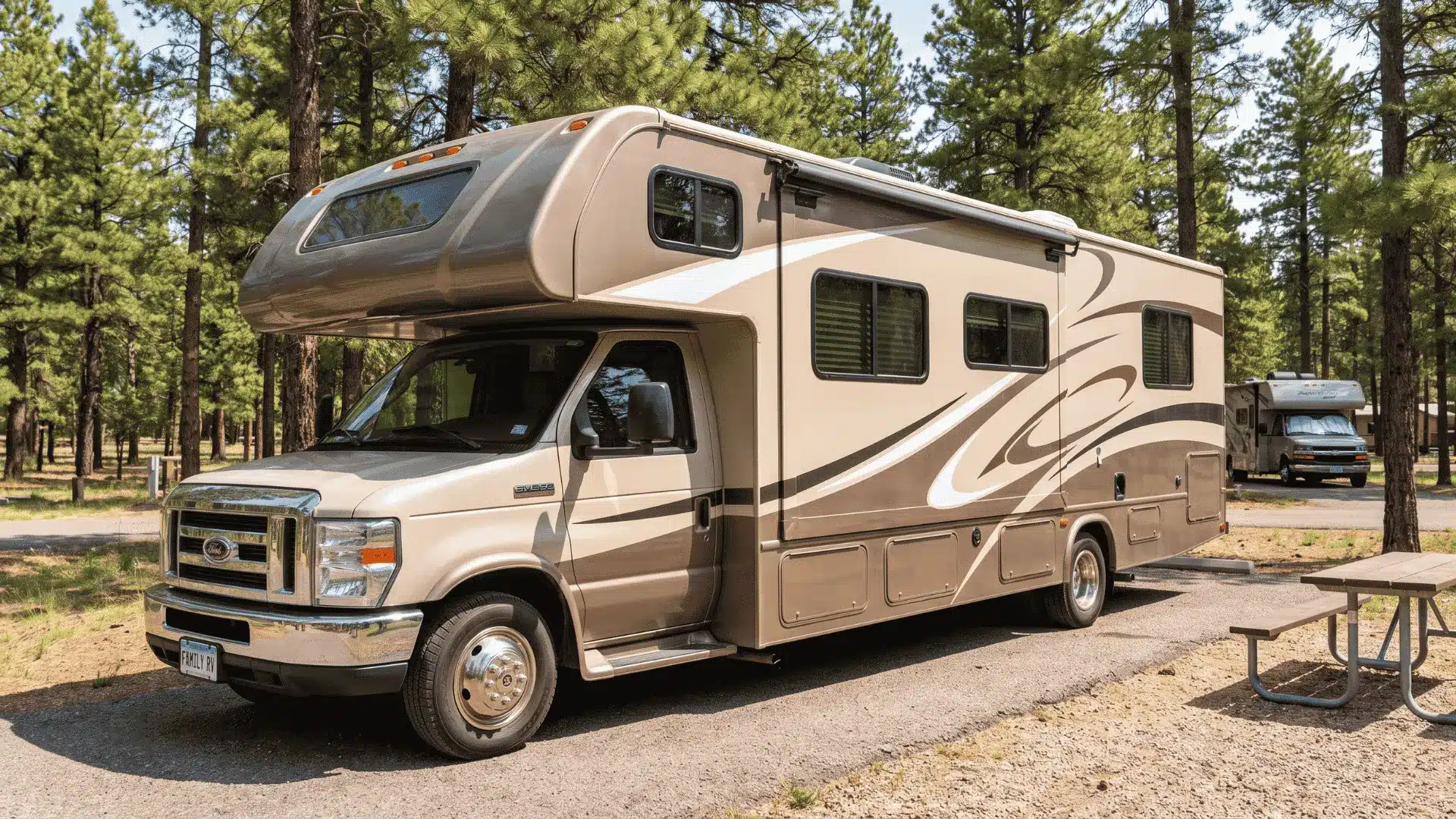 Class C motorhome with an over-cab sleeping area parked at an outdoor campground.