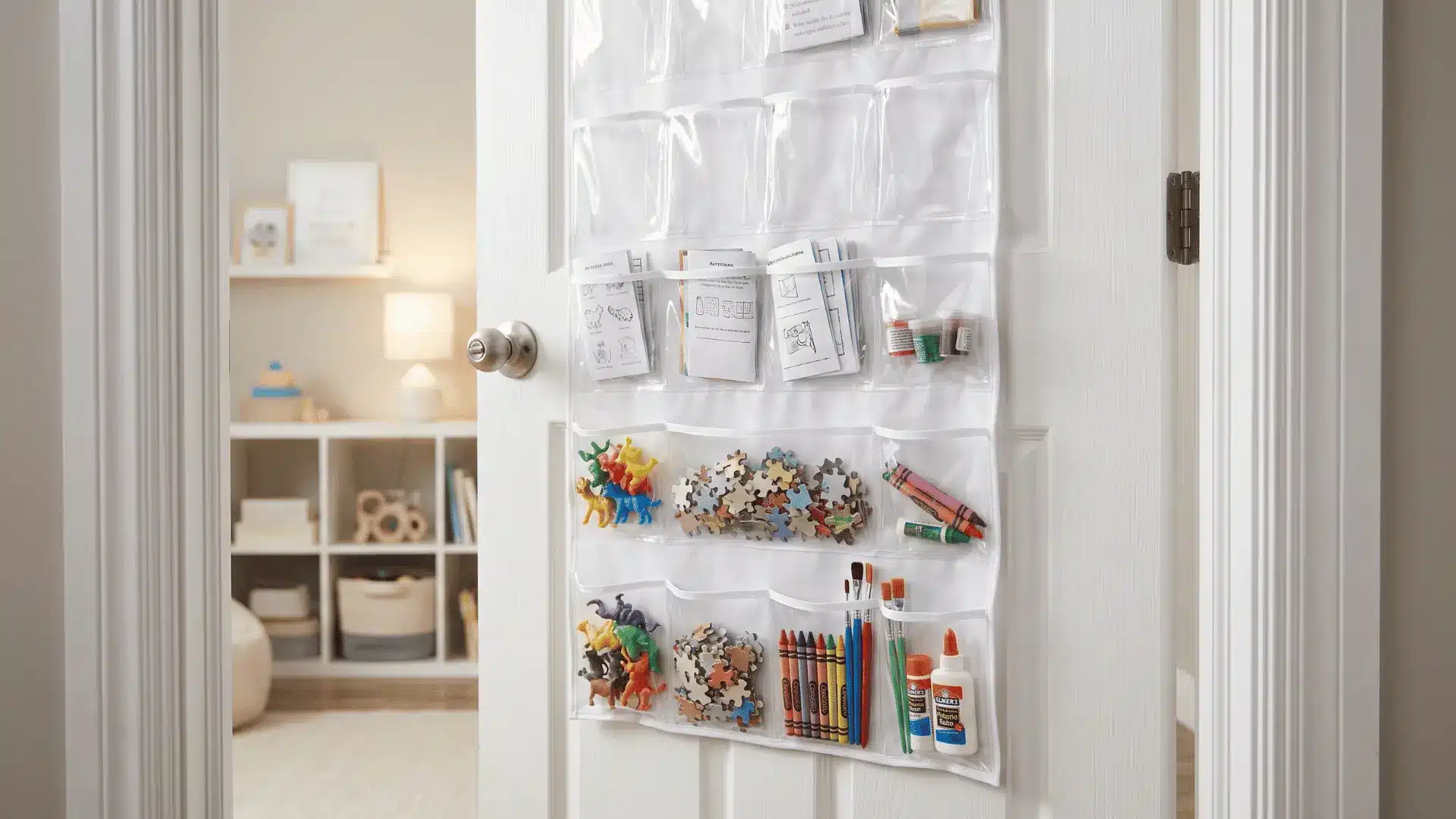 Clear door-back organizer holding figures, puzzle pieces, and art supplies in a small playroom