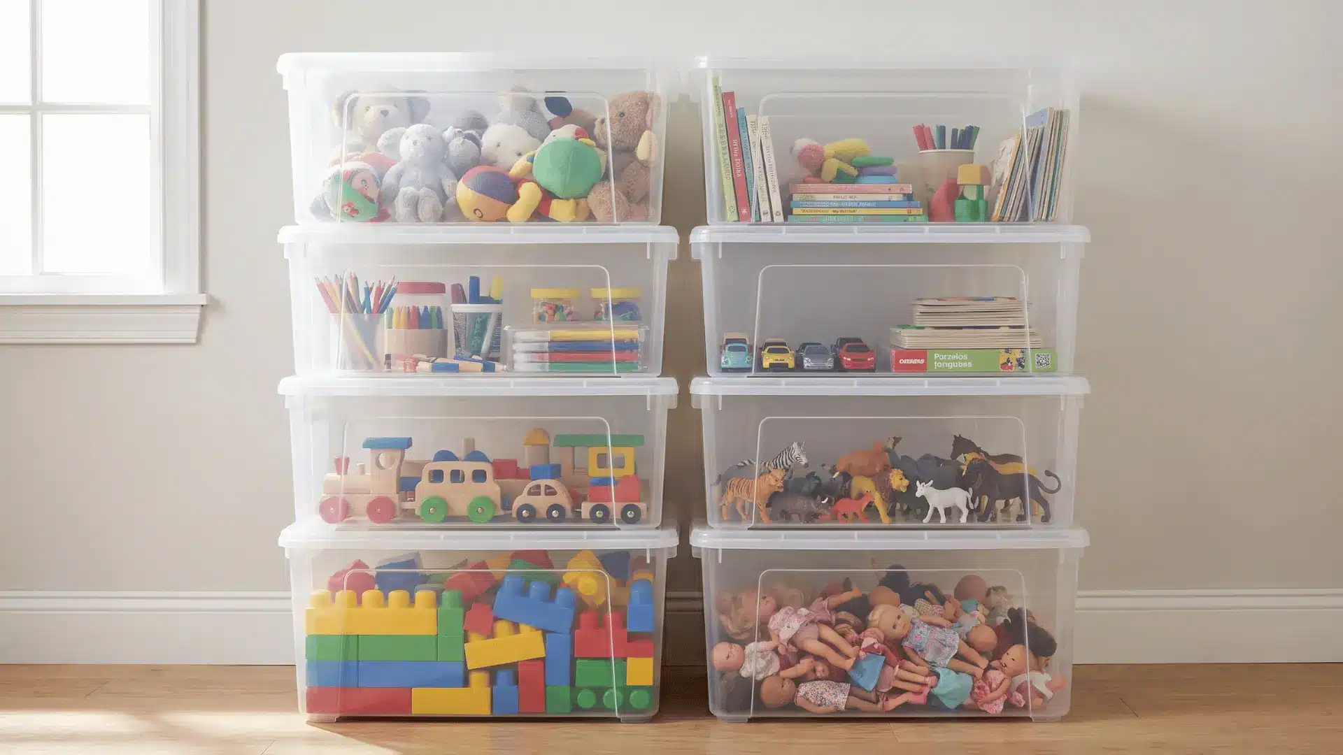 Clear toy bins stacked vertically against a playroom wall with frequently used toys stored at the bottom