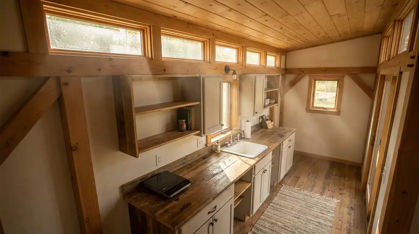 Clerestory windows above kitchen cabinetry letting in sunlight