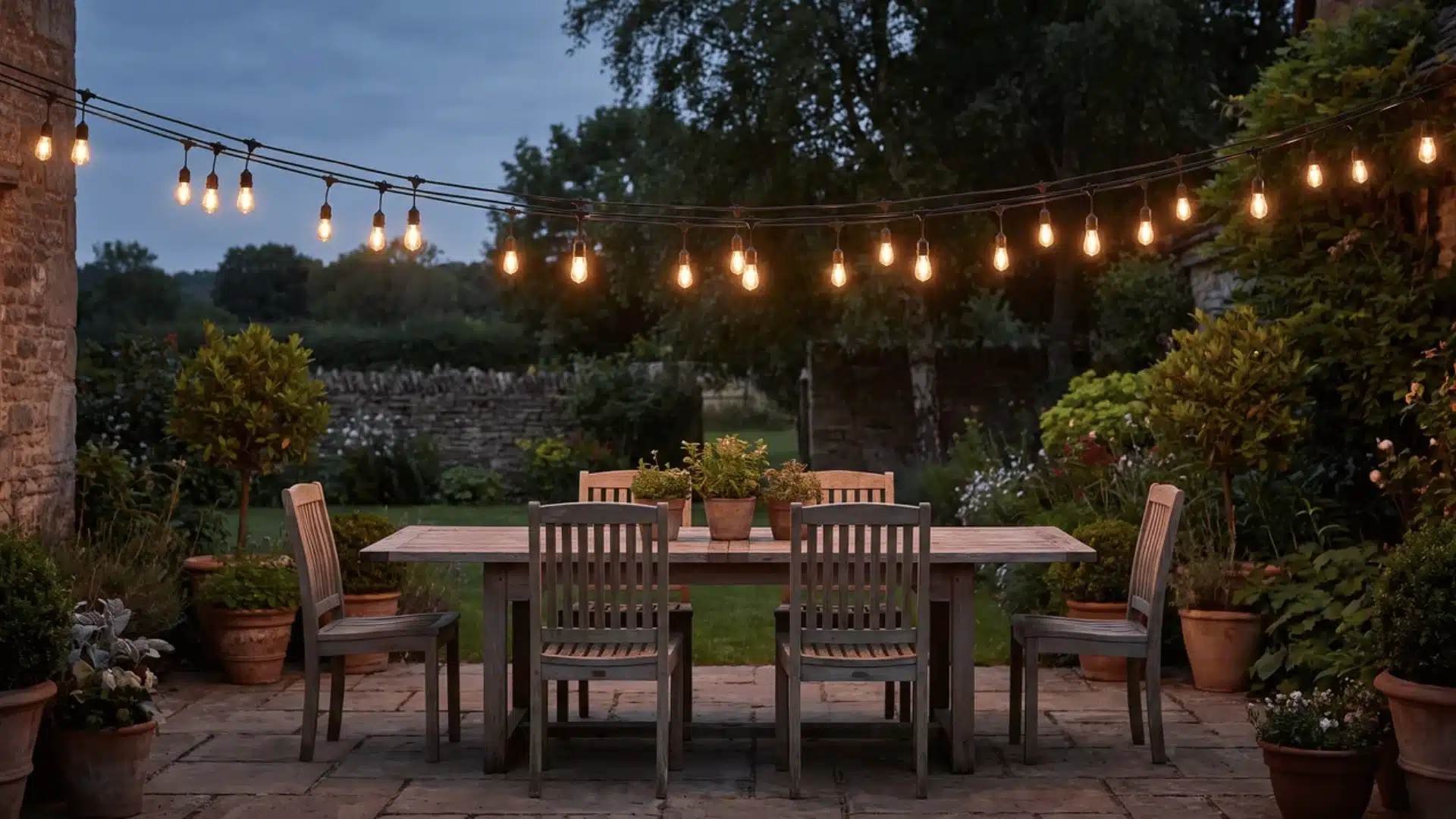Closely spaced bistro lights hanging directly above an outdoor dining table