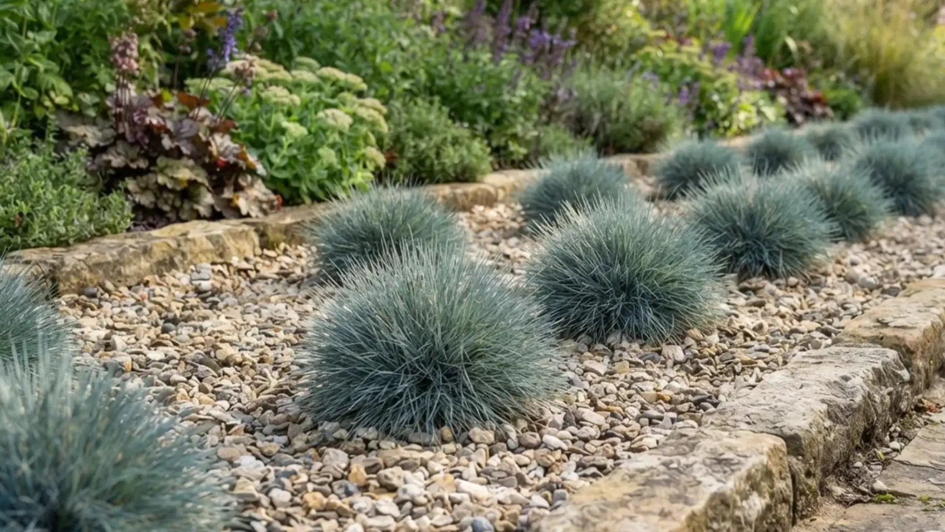 Clumps of blue fescue ornamental grass planted among loose gravel in a small rock garden