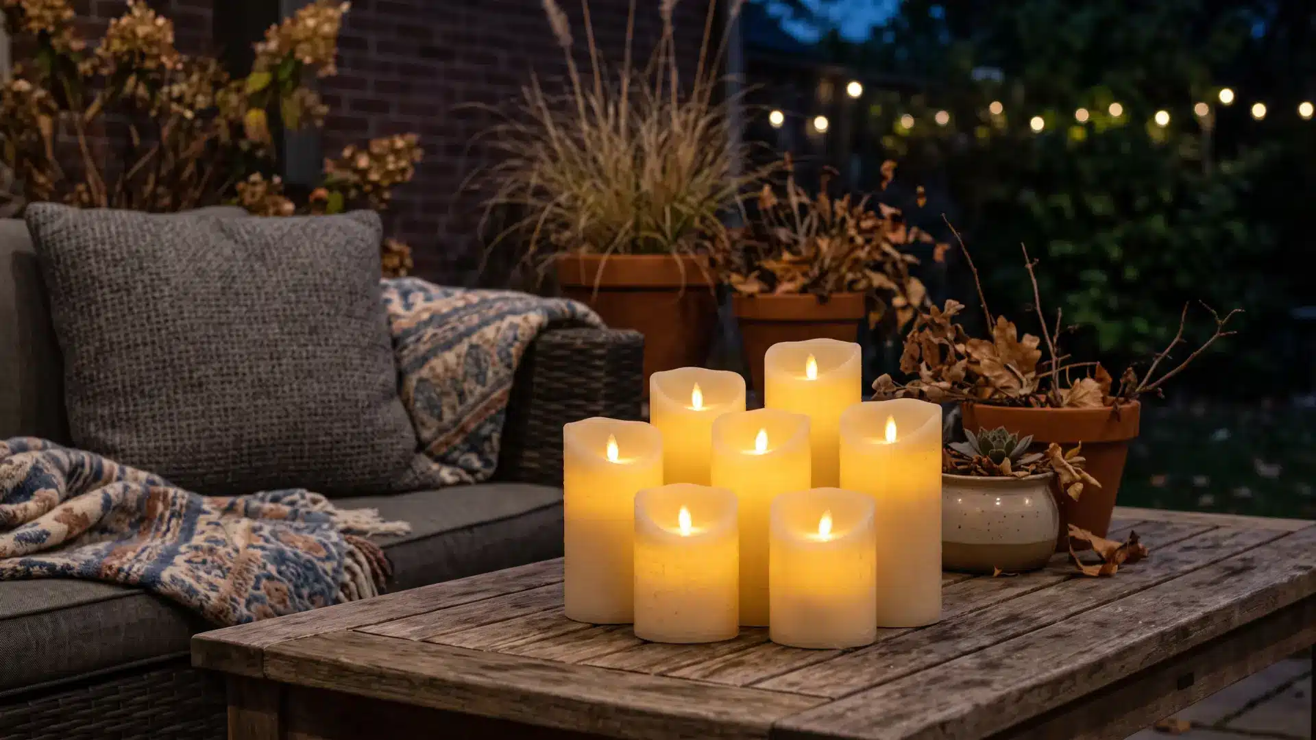 Cluster of LED candles on a patio table beside cushions and plants