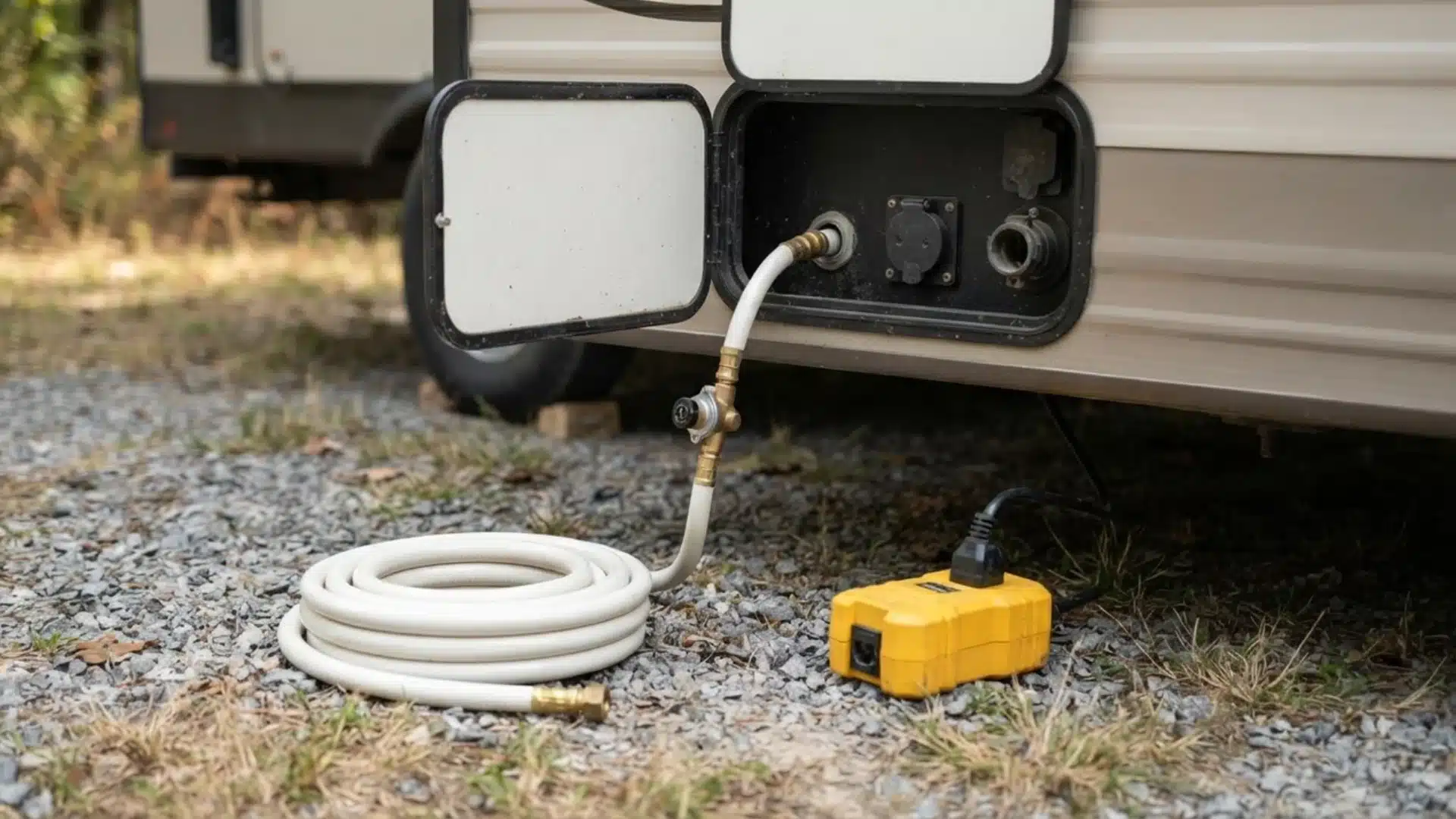 Coiled white RV water hose with regulator connected alongside a yellow surge protector.