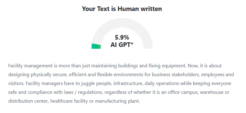 Rating gauge displaying 5.9% AI GPT score above facility management text description