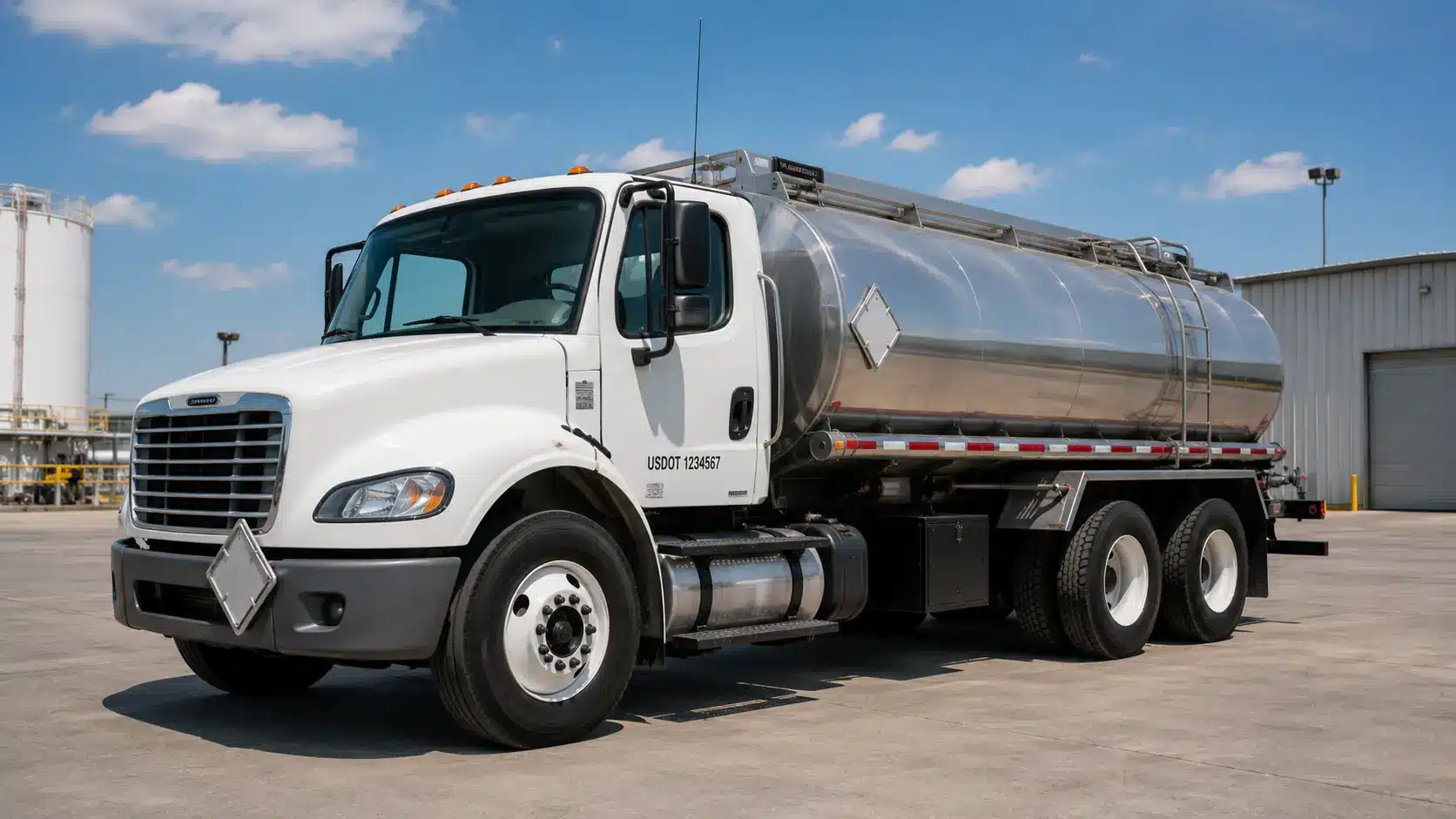 Commercial hazardous-material carrier with a federal safety placard area.