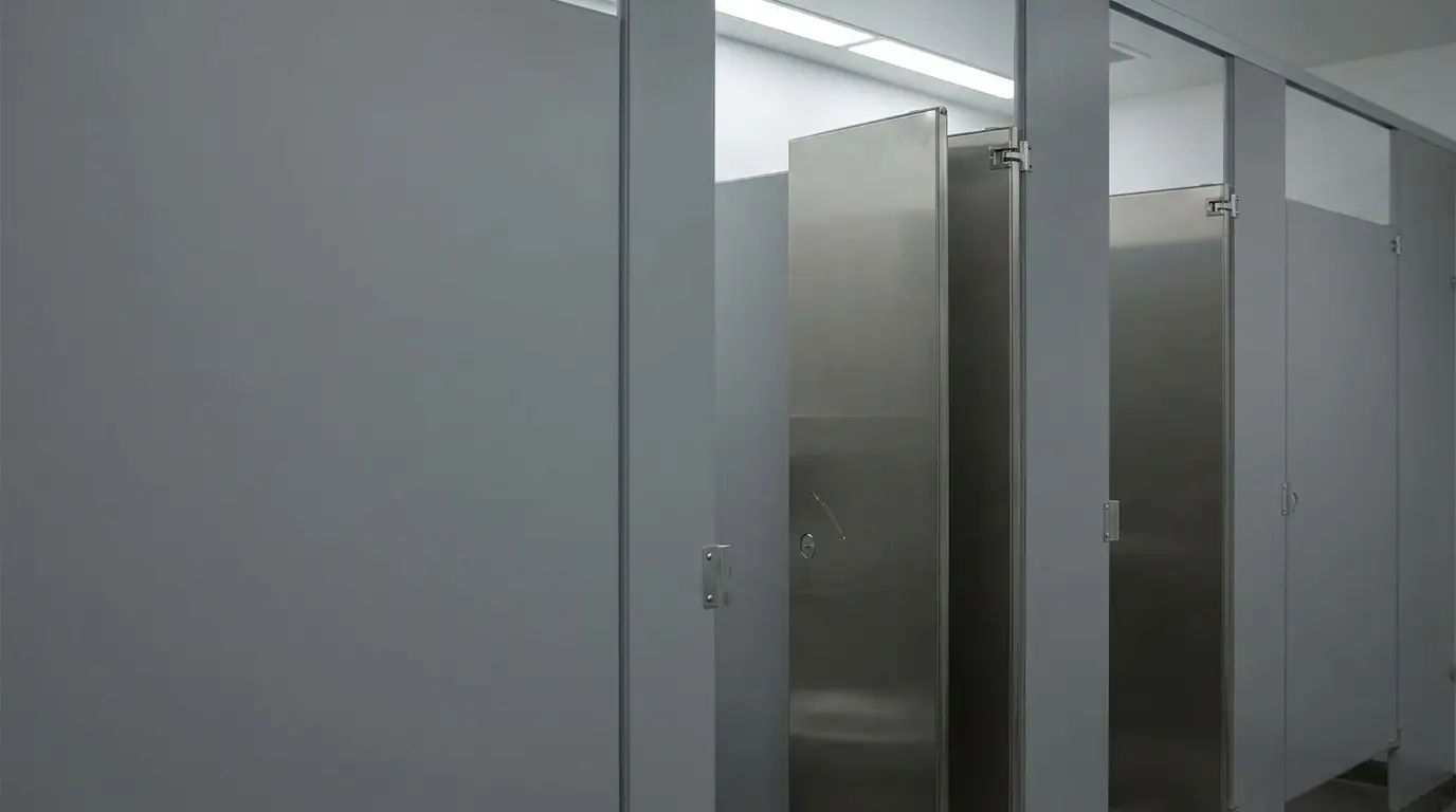 Bathroom stalls with closed and open doors under fluorescent lighting