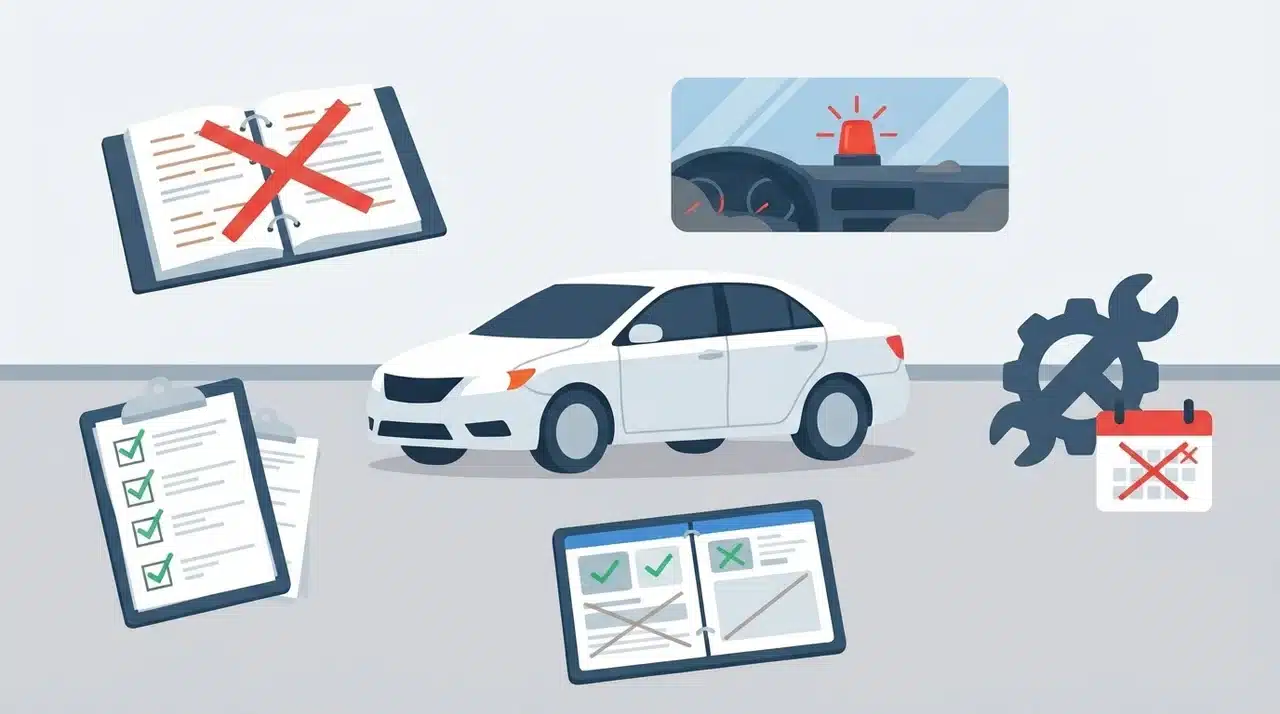 Common fleet safety mistakes shown through policy, alert, maintenance, training, and checklist elements