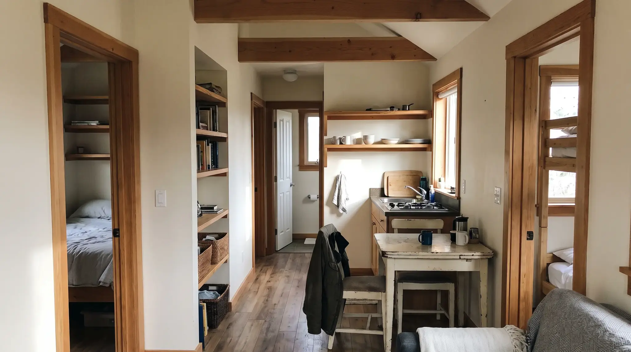Compact 300-square-foot cottage with two small bedrooms, shared living space, kitchenette, and one bathroom