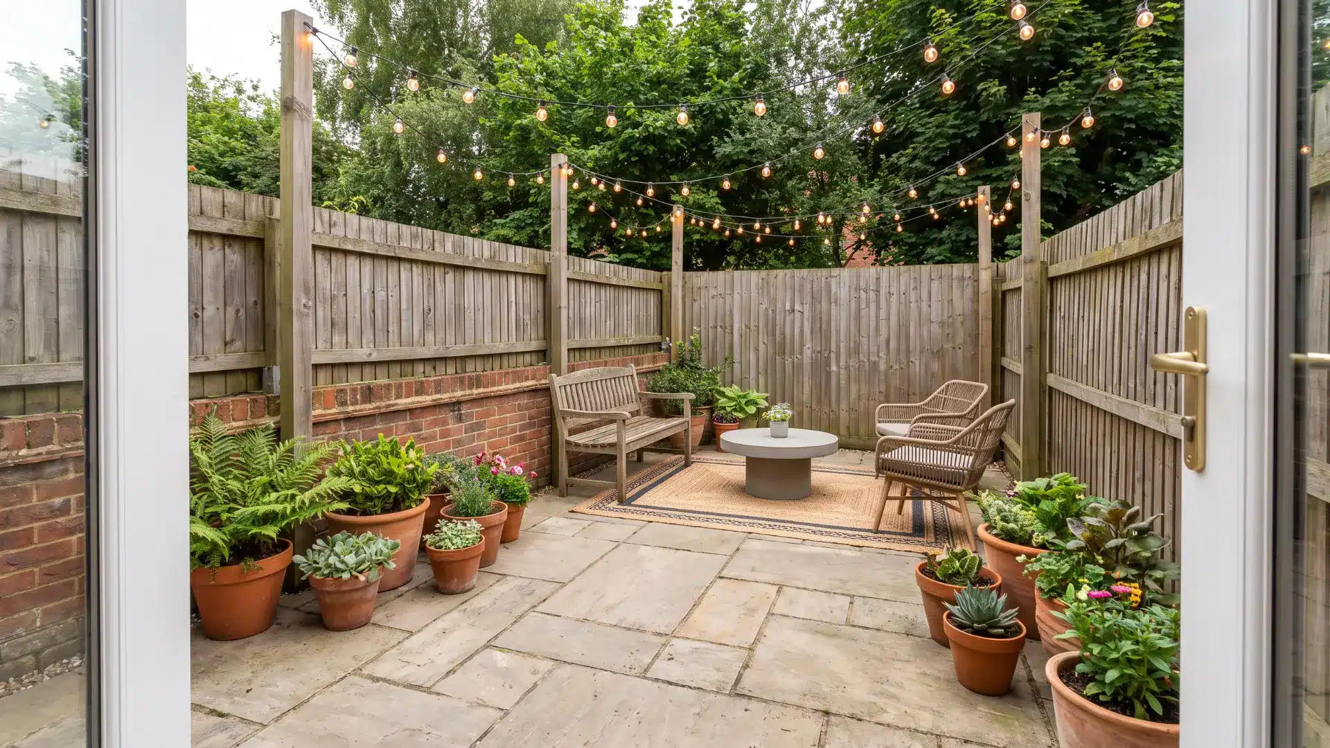 Small backyard patio with seating, an outdoor rug, potted plants, string lights, and open floor space