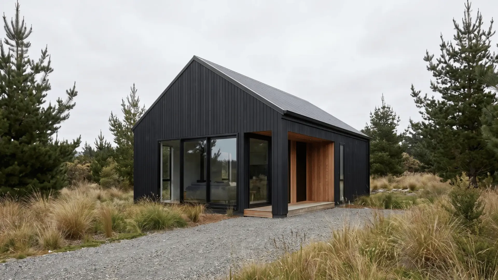 Compact black cabin with pitched roof, dark siding, large windows, and wood accents