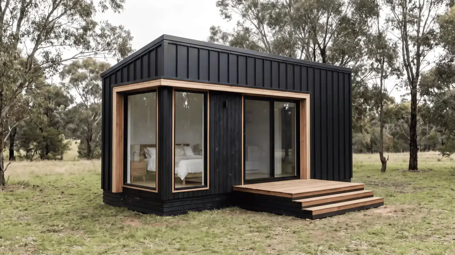Compact black modern house with vertical cladding, wood trim, large windows, and front steps in a wooded setting