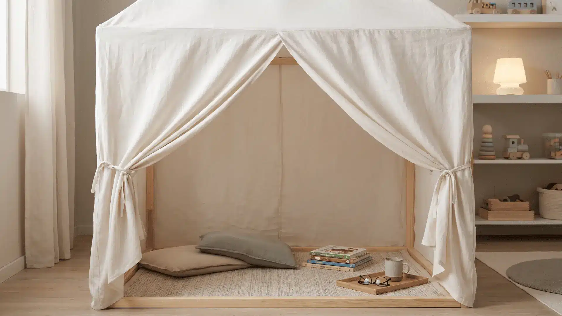 Compact canopy tent with a wide entrance creating a quiet spot inside a shared playroom