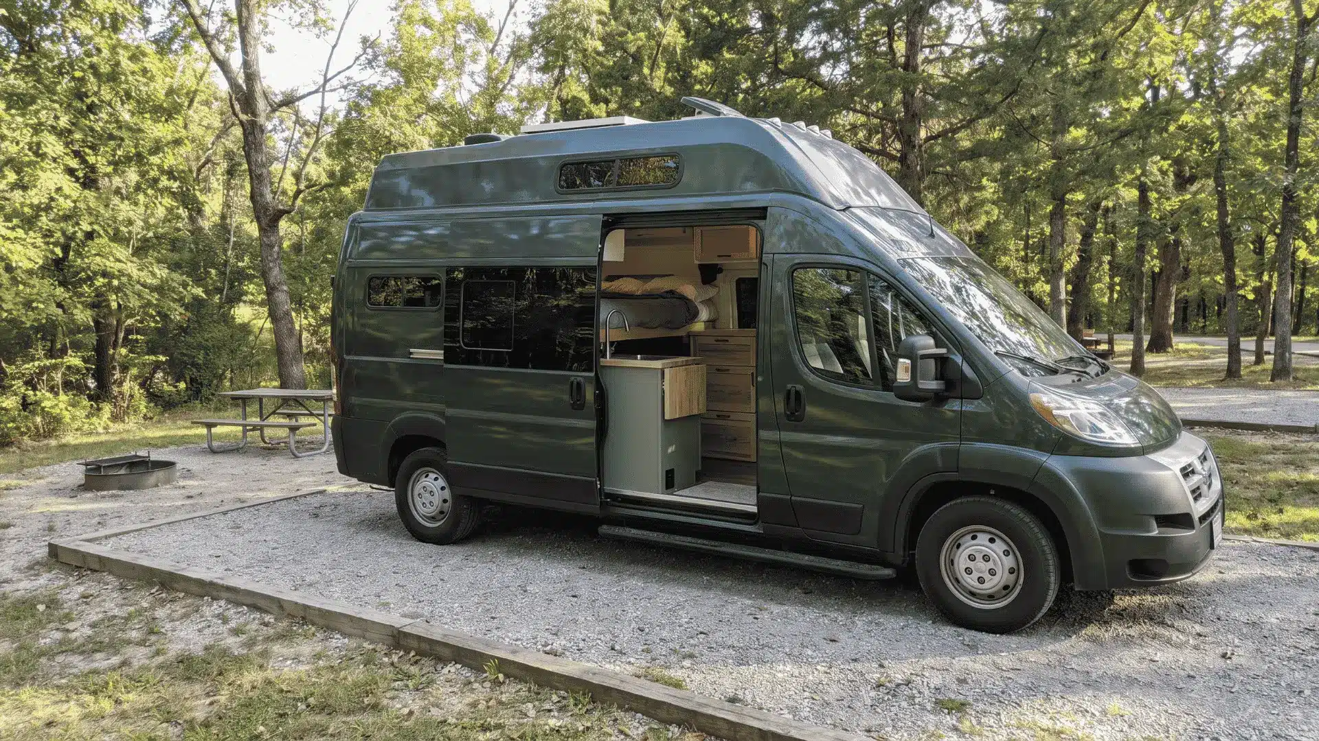 Compact Class B camper van parked neatly within a standard outdoor campsite.