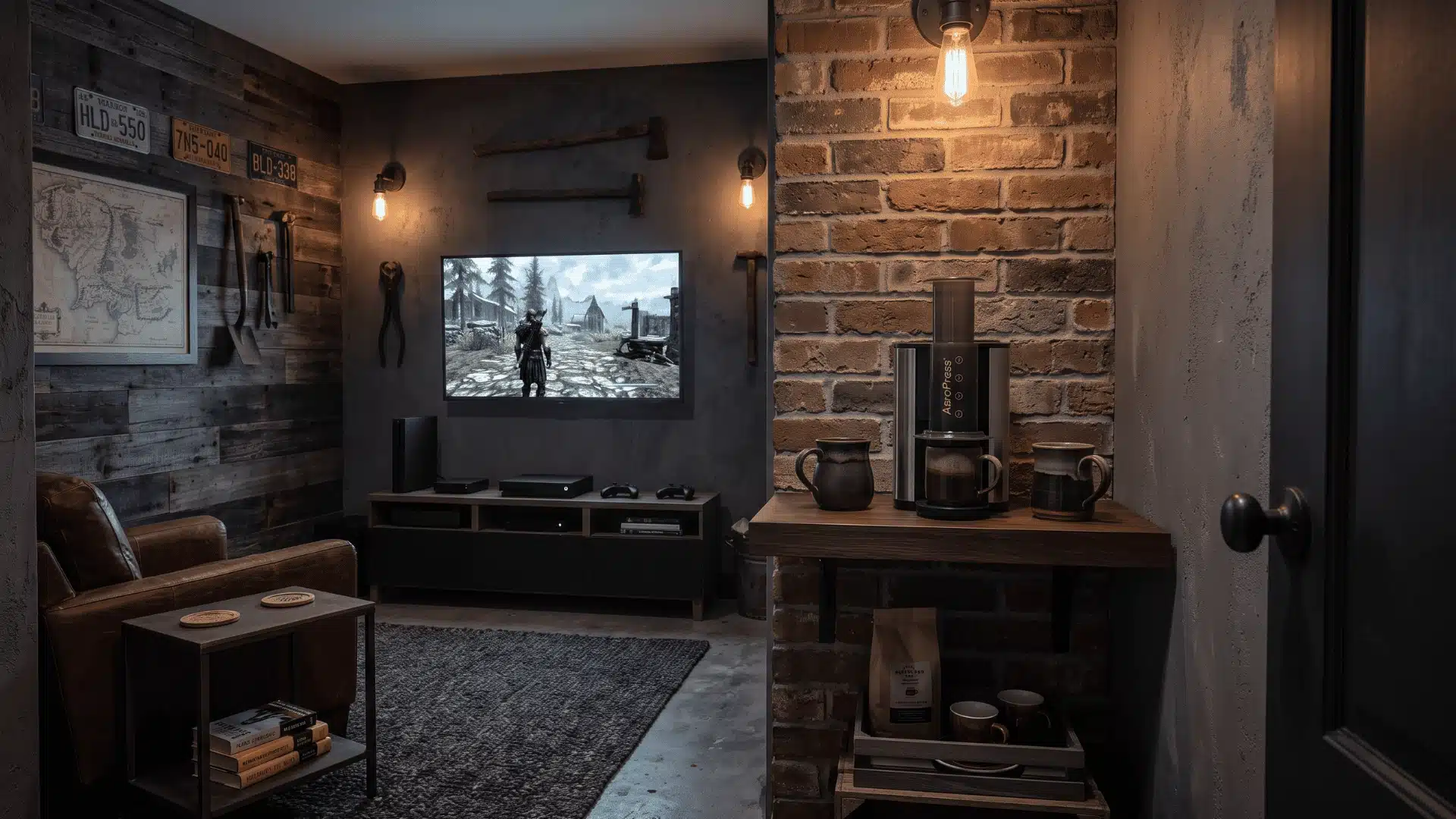 Compact coffee nook with a single-serve machine and mugs beside a dark man cave gaming setup.