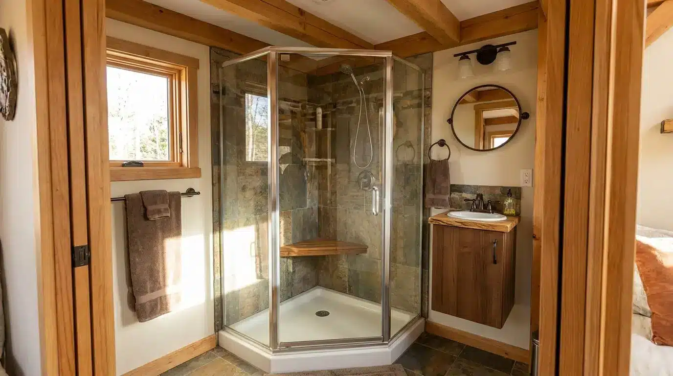 Compact corner shower with a glass panel enclosure
