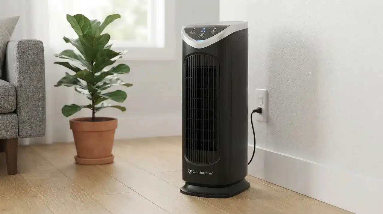 Compact slim tower air purifier with vertical vents beside a desk in a small room
