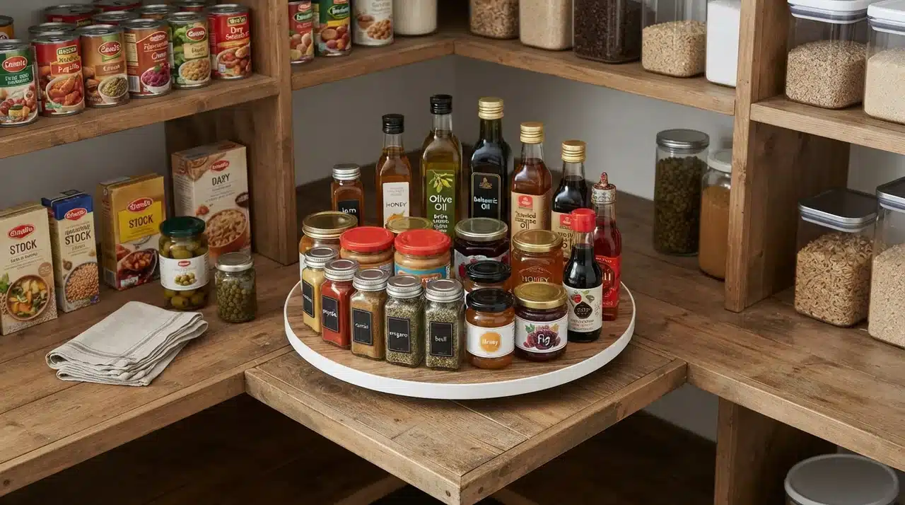 Compact turntable on a corner pantry shelf holding condiment jars, oil bottles, and spread jars