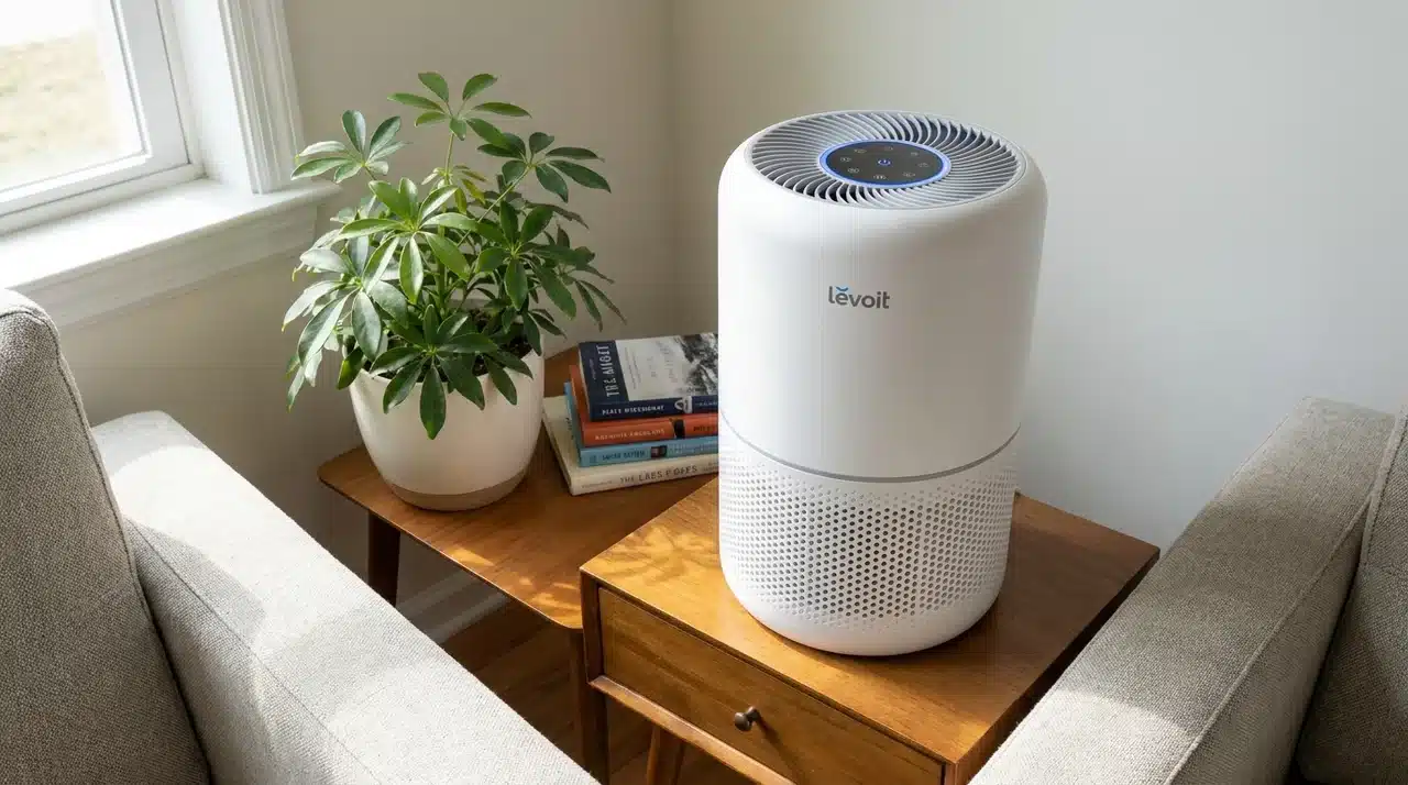 Compact white Levoit Core 300 air purifier with cylindrical body