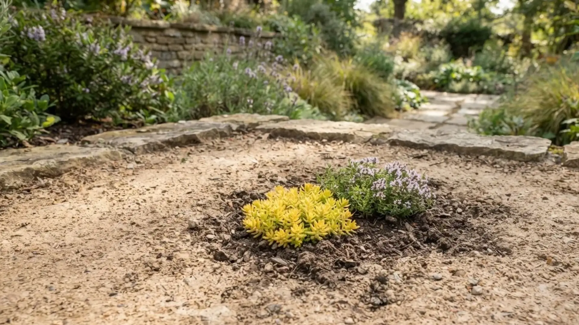 Compacted decomposed granite surface used as ground cover in a small rock garden