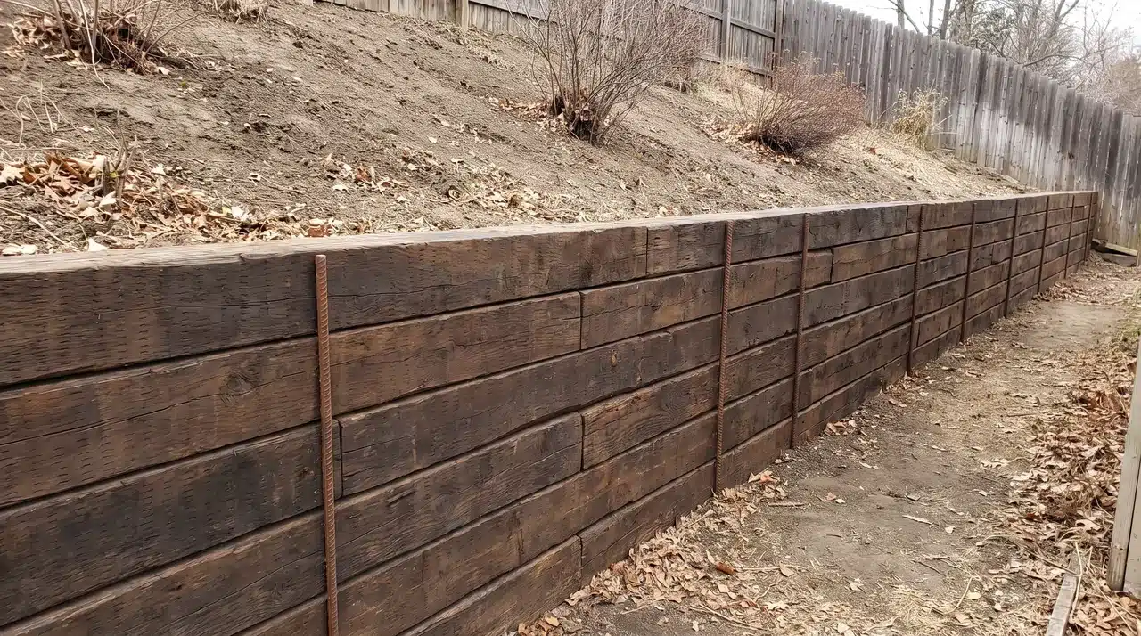 Complete stacked railroad tie retaining wall secured with metal rods along a bare sloped yard.