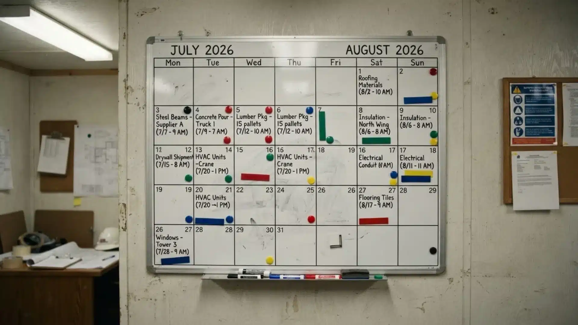 A whiteboard calendar displaying a construction site material delivery schedule for July and August