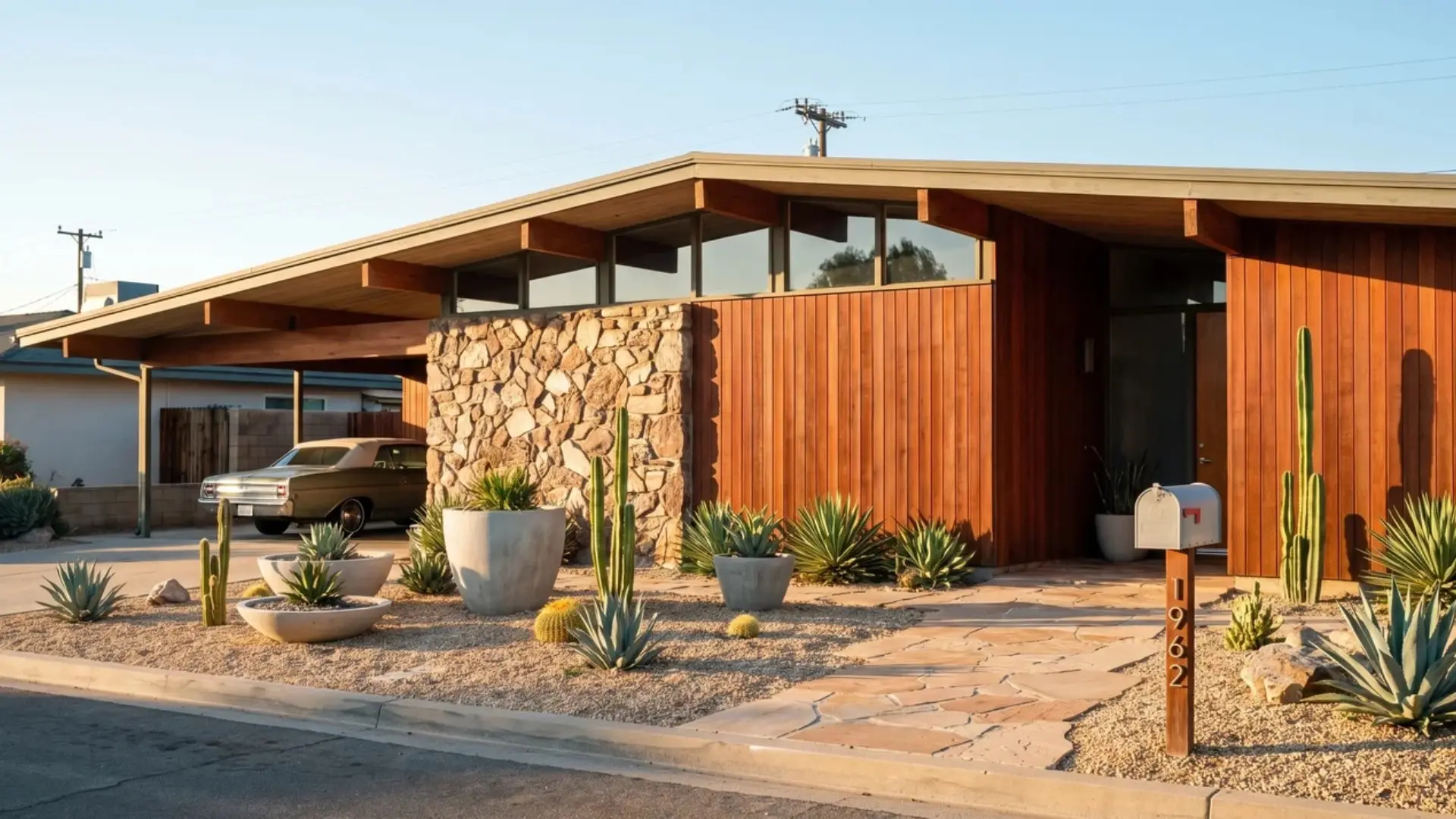 Contemporary single-story ranch house with wood siding, low roofline, garage, and desert landscaping