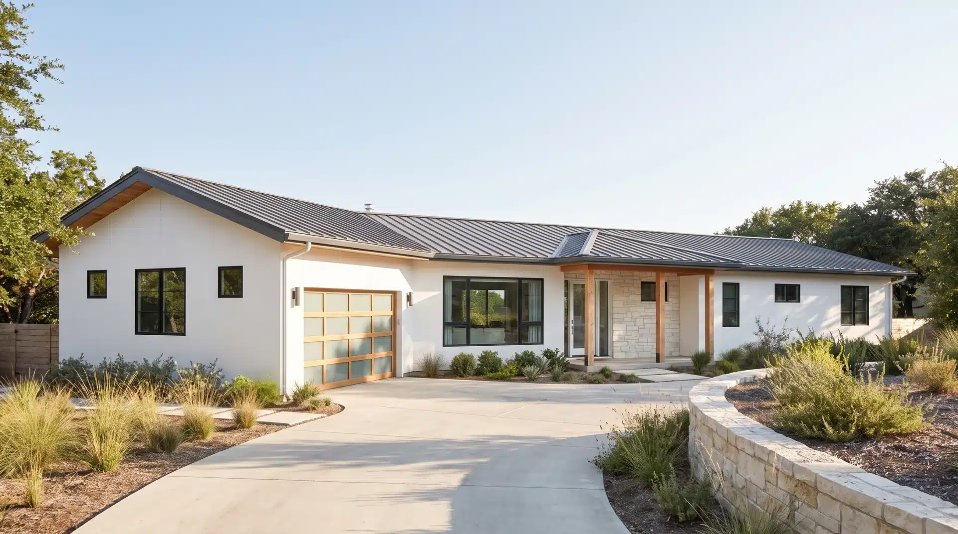 Contemporary white ranch house with black windows, garage, and simple landscaping