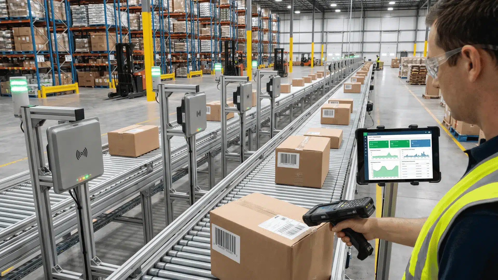 Conveyor belt moving boxes, RFID scanners tracking items, and a worker using a handheld scanner in an organized warehouse.