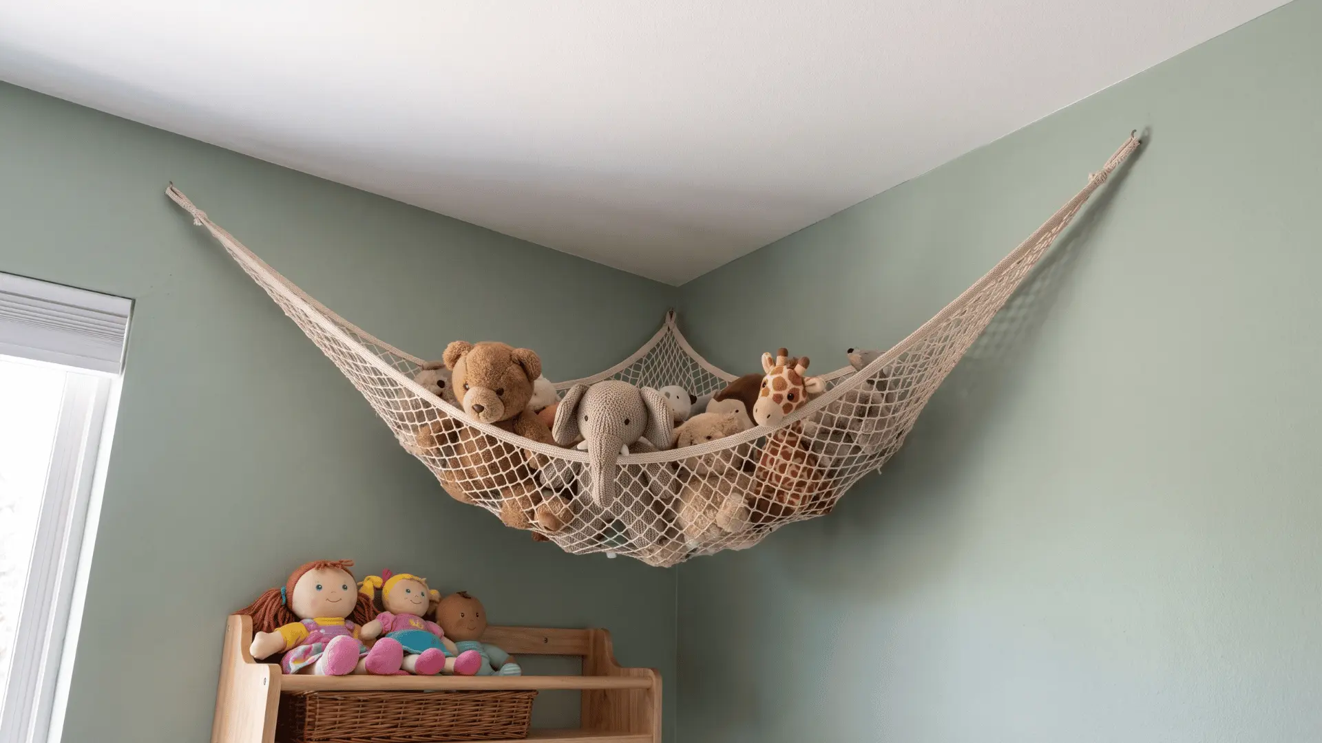 Corner hanging net near the ceiling storing lightweight stuffed animals