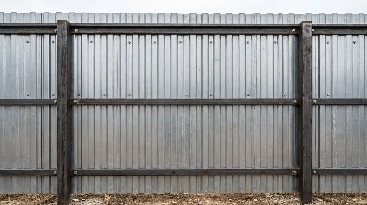 Corrugated galvanized metal wall panels with vertical ridges attached to steel support posts.