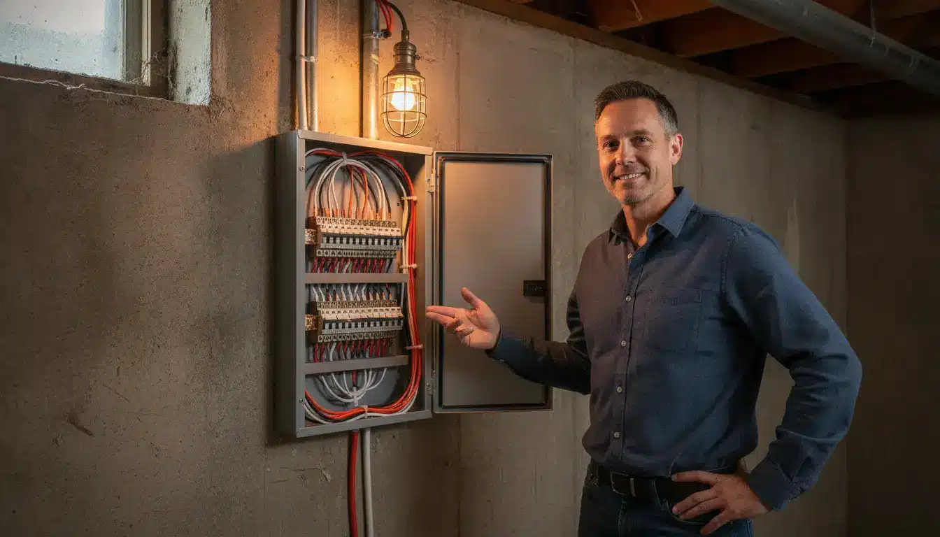 Man in a blue shirt gesturing towards an open electrical panel in a dimly lit basement
