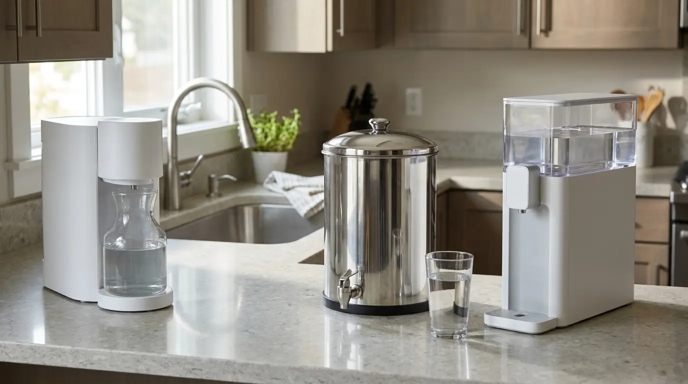 Three countertop water filters including reverse osmosis, gravity, and dispenser systems arranged in a modern kitchen