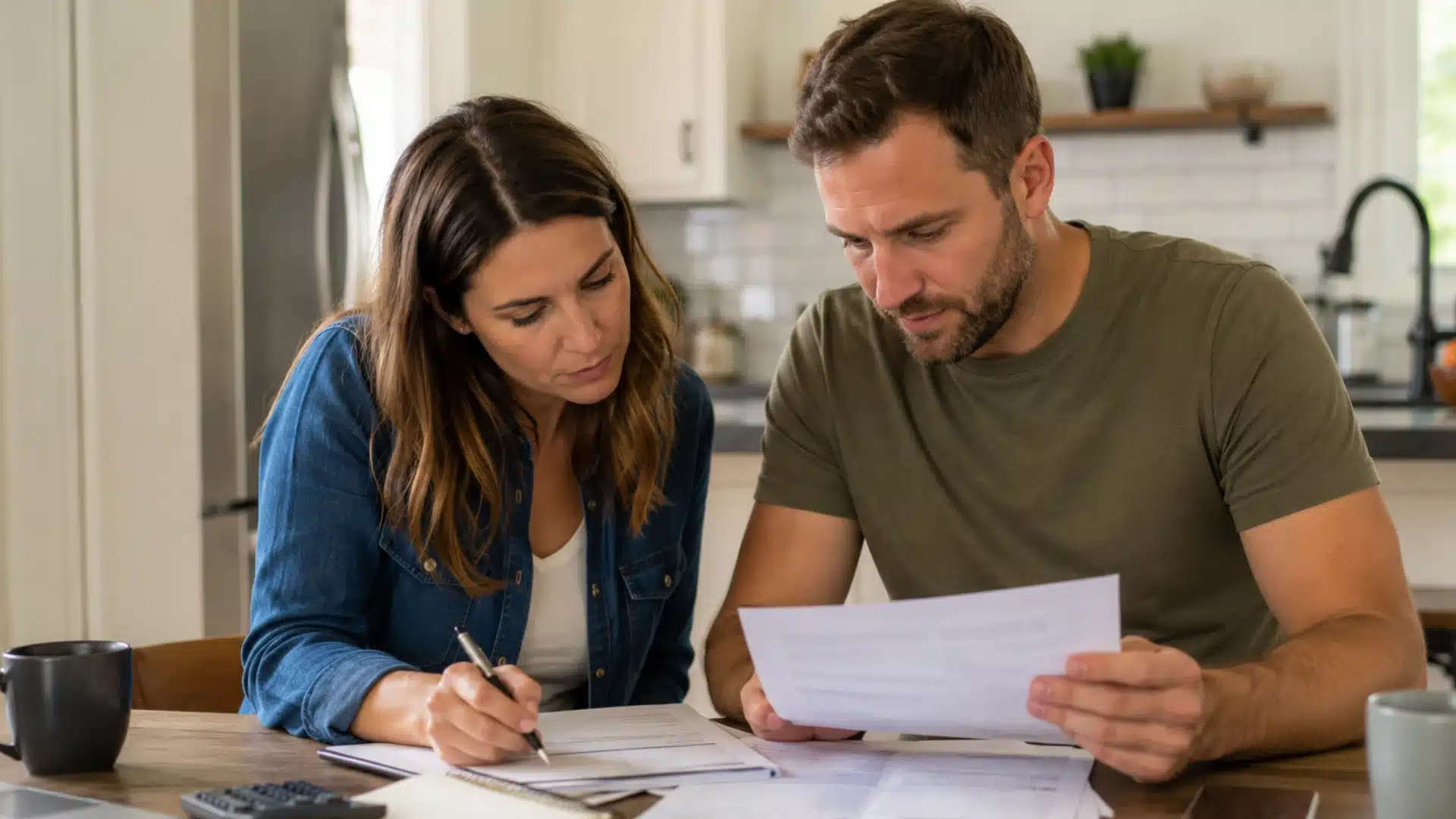 Couple reviewing mobile home moving quotes and costs together at a kitchen table