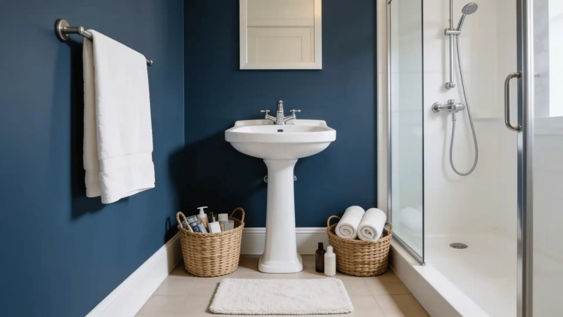 Small bathroom with dusty blue walls, white sink, chrome fixtures, and shower