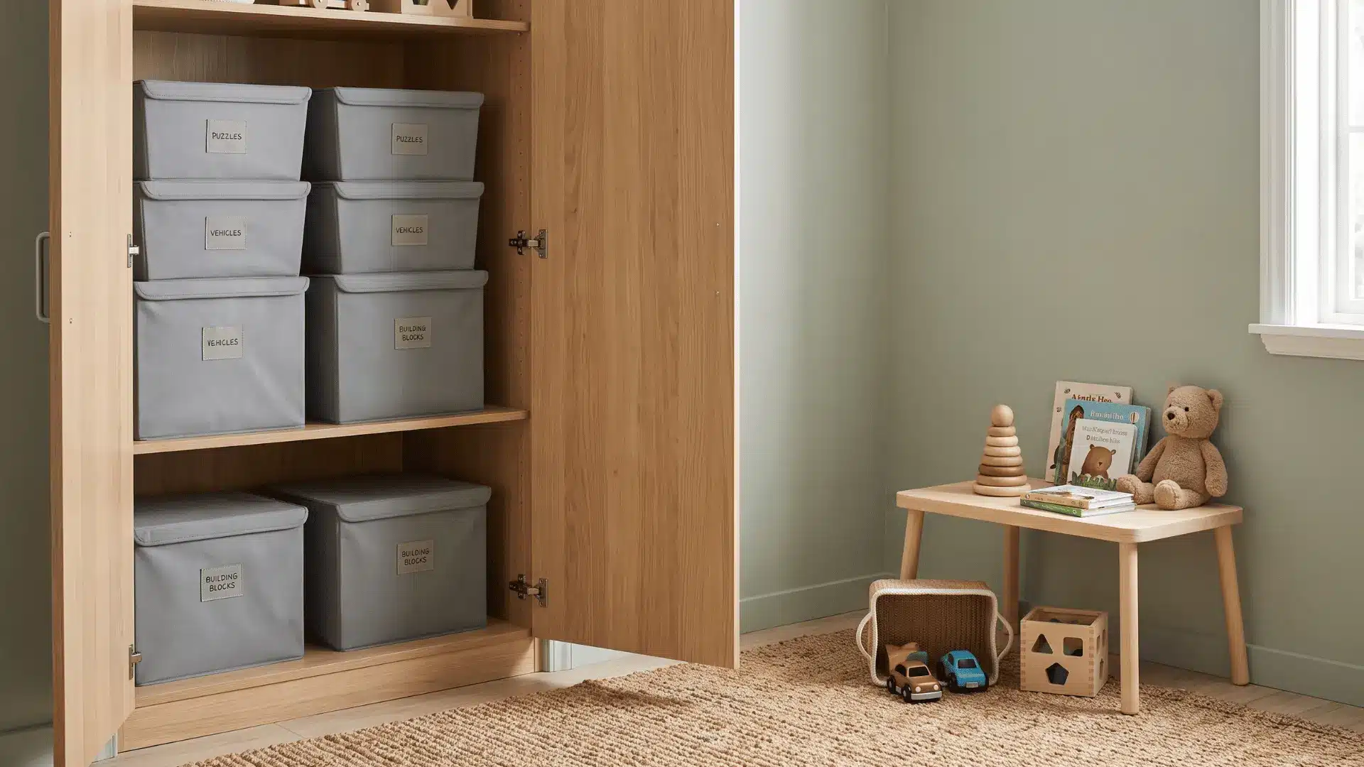 Covered closet bins holding stored toys beside a smaller selection available for play