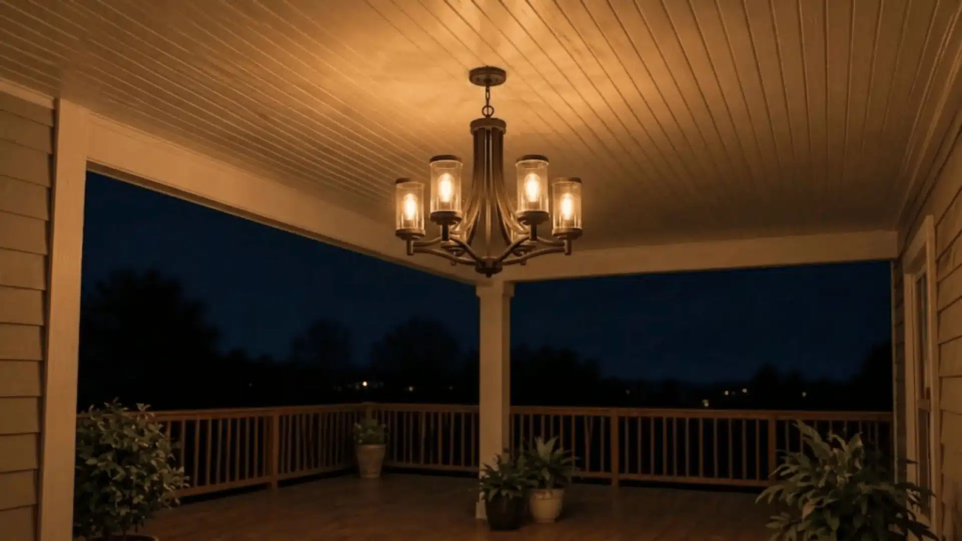 Covered porch with hanging ceiling light fixture and potted plants at night