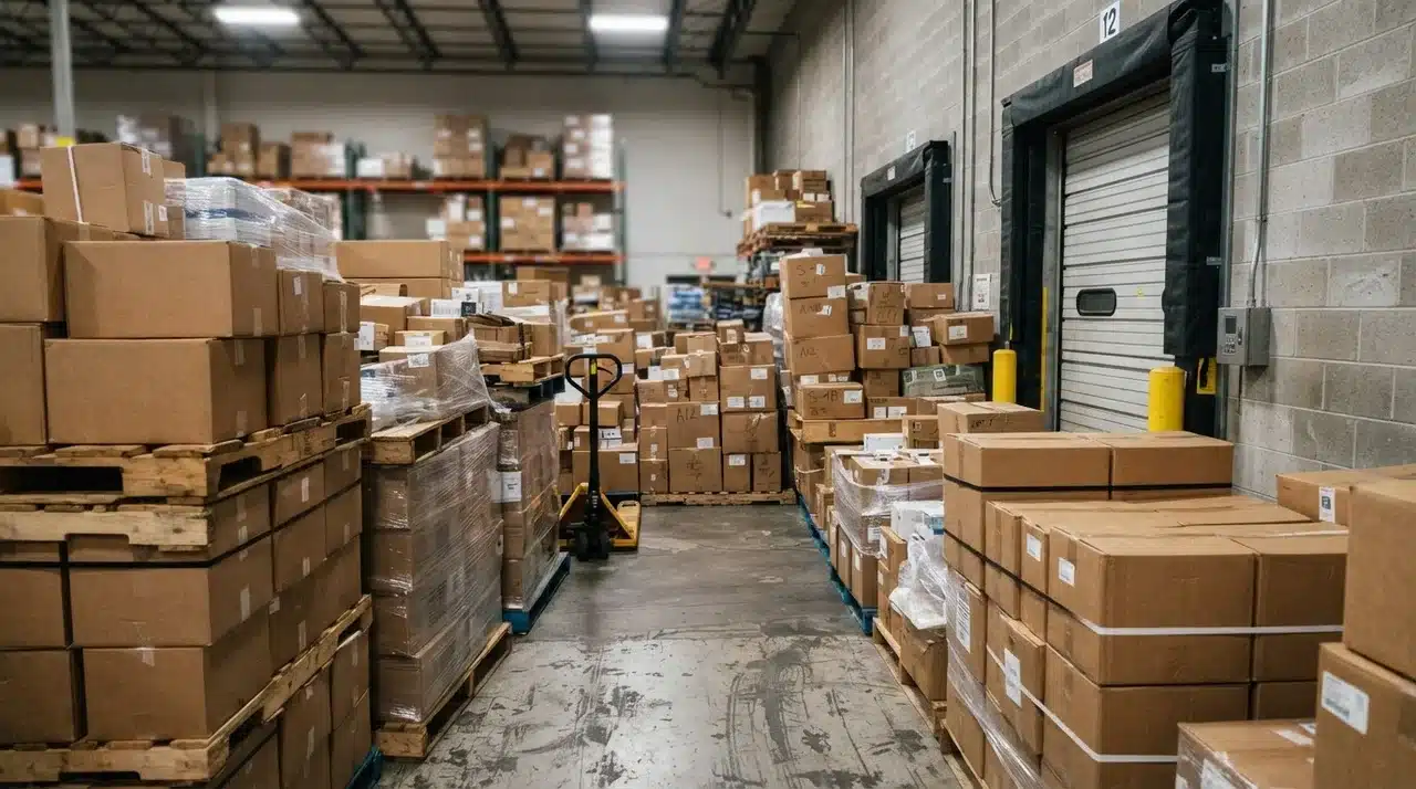 Cramped warehouse staging area with pallets stacked near a dock door