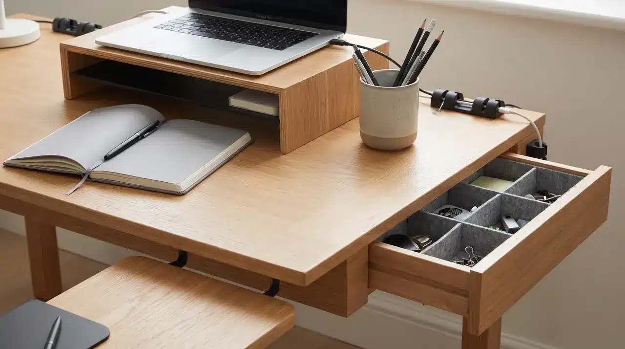 Home office desk with laptop, notebook, pen cup, and organized cables