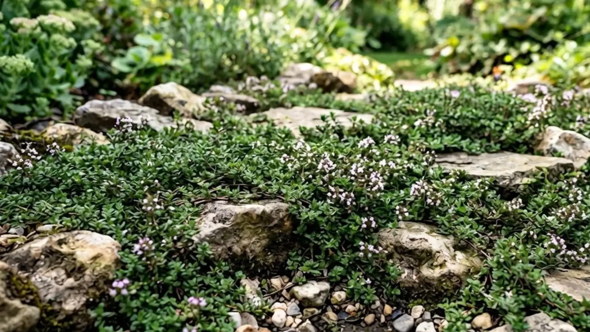 Creeping thyme groundcover spreading between rocks and gravel in a backyard garden bed