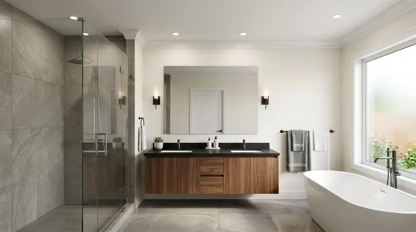 Elegant modern bathroom with freestanding tub and floating wood vanity under soft lighting