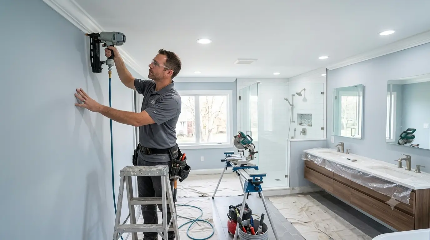 Contractor installing molding on gray bathroom wall with tools and step ladder nearby
