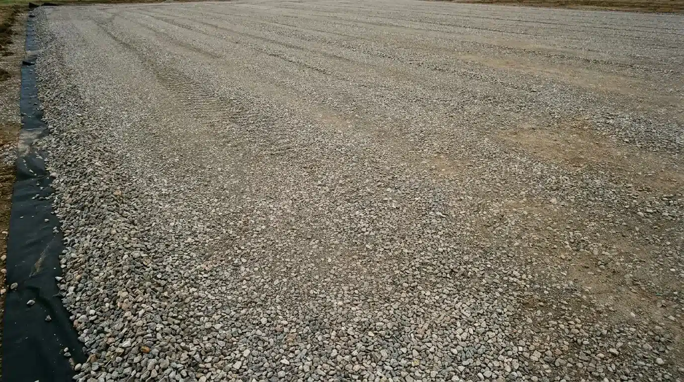 Gravel-covered surface in an outdoor area with visible fabric edging and dirt border